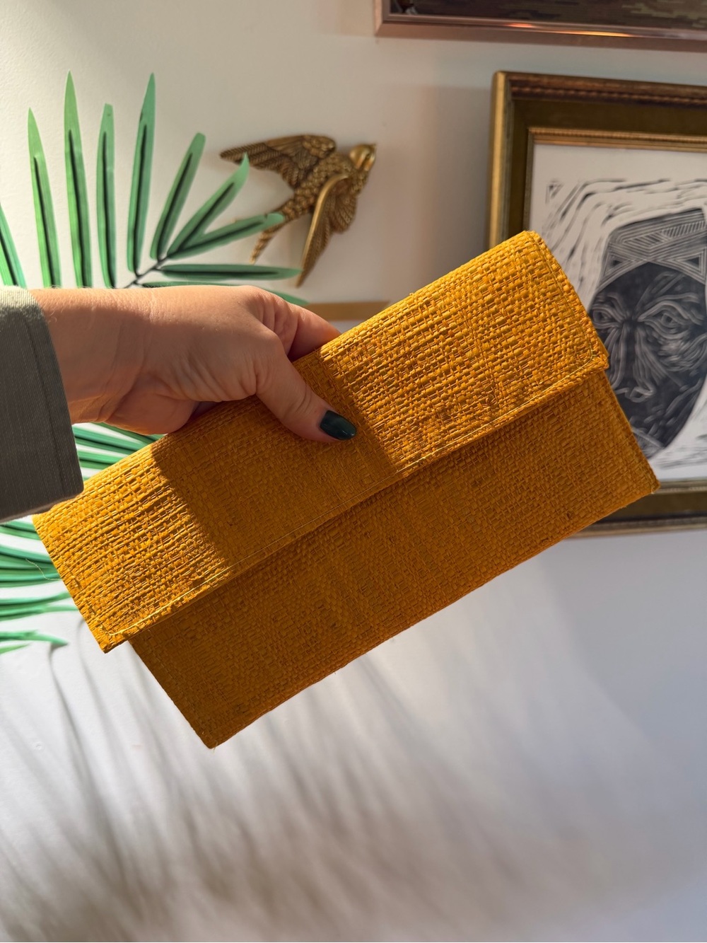 Vintage Mustard Yellow Woven Clutch Bag - Women's Evening Envelope